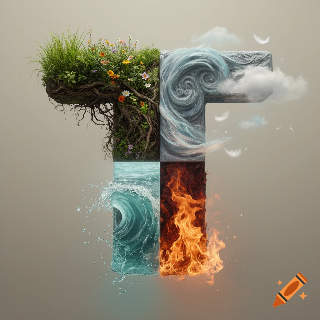 The letter 'T' is formed by four sections representing earth (grass, flowers, roots), air (wind, clouds), water (wave), and fire (flames).