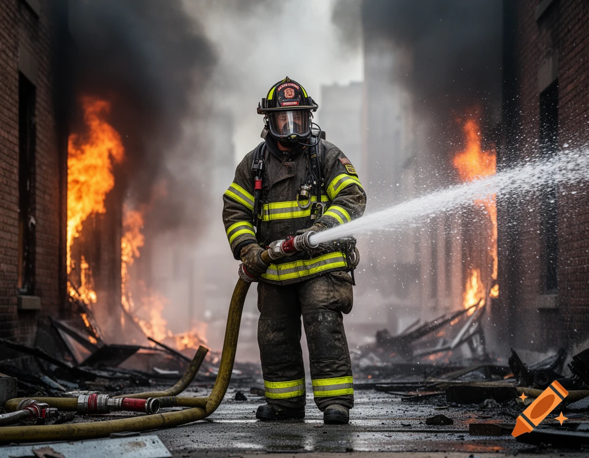 A firefighter in full gear sprays water from a hose, standing amidst smoke and flames from a burning building.