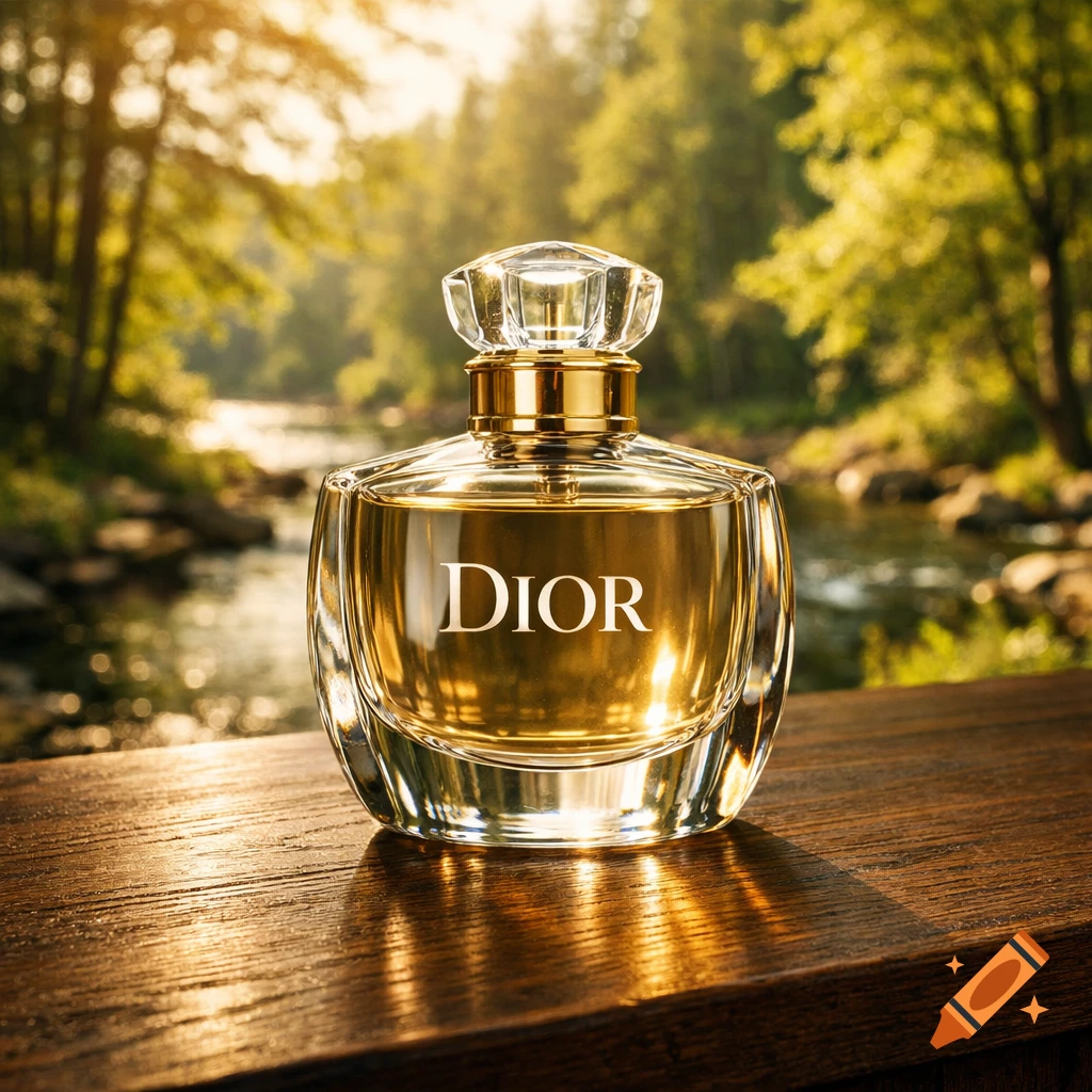 Luxury Dior perfume bottle on a wooden surface, with a forest and river bokeh background, bathed in warm sunlight.