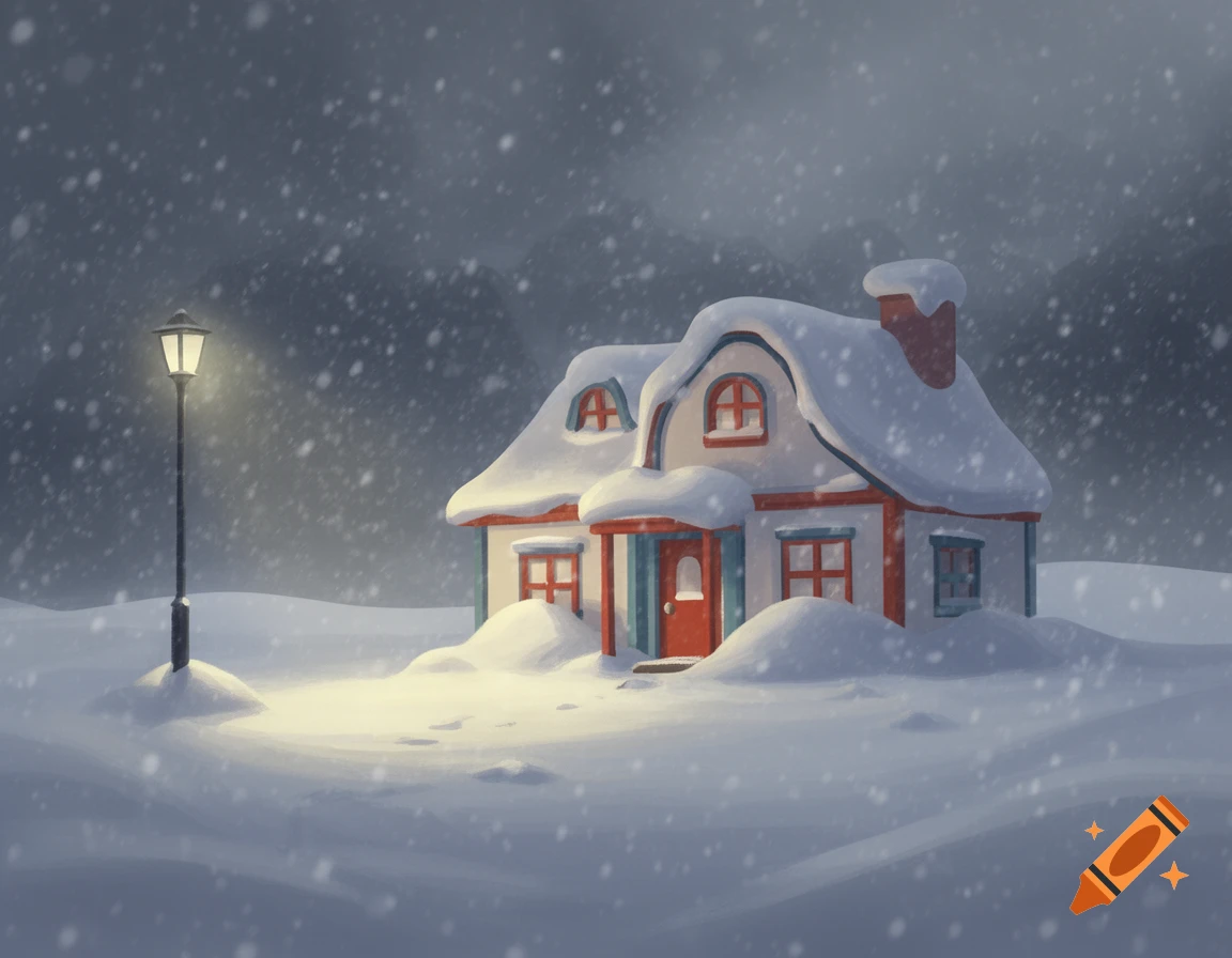 A cartoon illustration of a cozy snow-covered house with a glowing lamppost under a dark, gloomy sky with heavy snowfall.