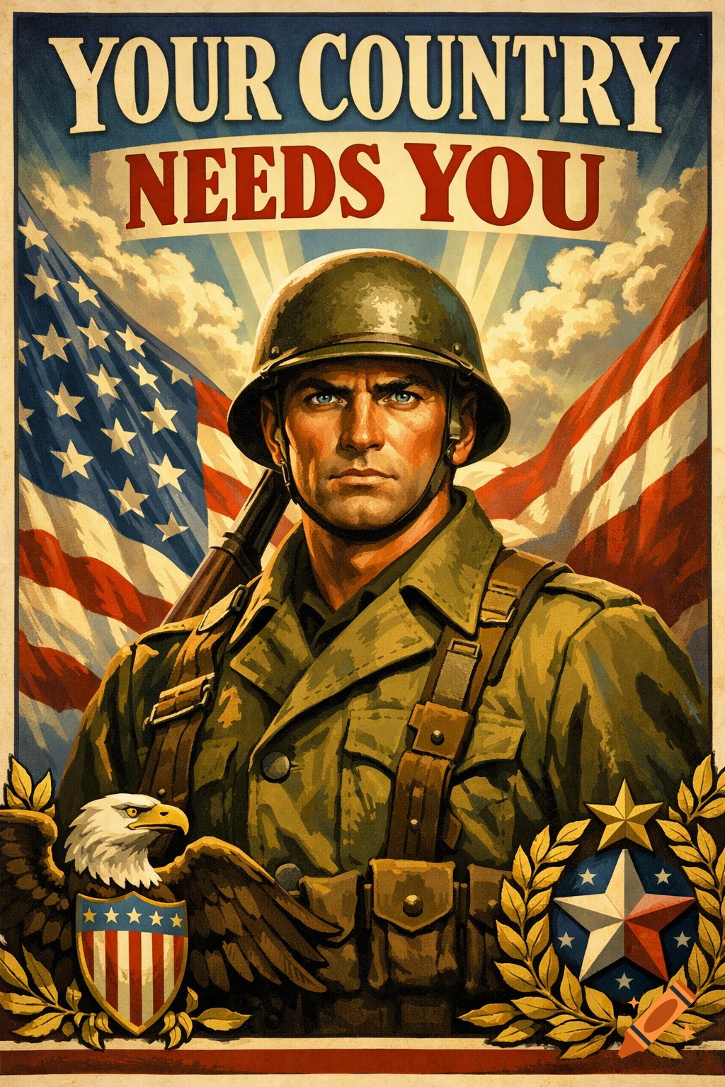 Vintage American propaganda poster featuring a soldier in uniform, an American flag, an eagle, and the text 'YOUR COUNTRY NEEDS YOU'.