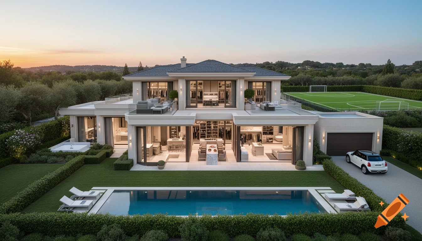 Photorealistic aerial view of a luxurious modern house with a pool, large garden, garage, and a football field at sunset.
