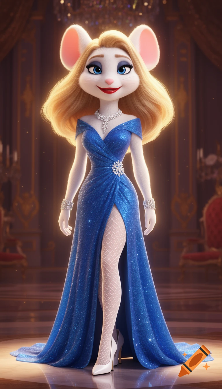 3D animated anthropomorphic white mouse in a glittering blue gown, white fishnet stockings, and diamond jewelry, standing in a luxurious setting.