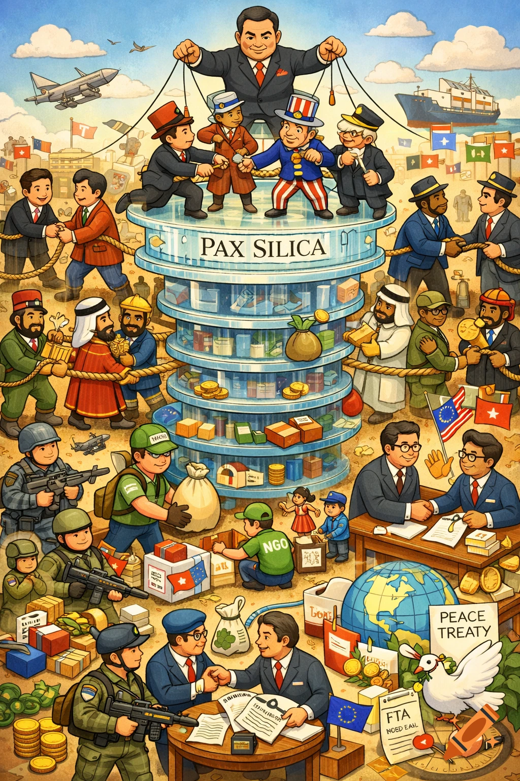 Detailed cartoon illustration depicting an international system with countries forming alliances and trading around a "PAX SILICA" platform. Military forces, NGOs, and diplomats are also shown, with symbols of peace and trade.