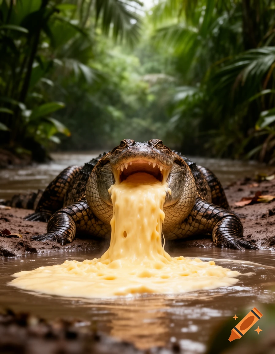 Vomiting Puddle A photorealistic alligator with its mouth open, vomiting a stream of ...