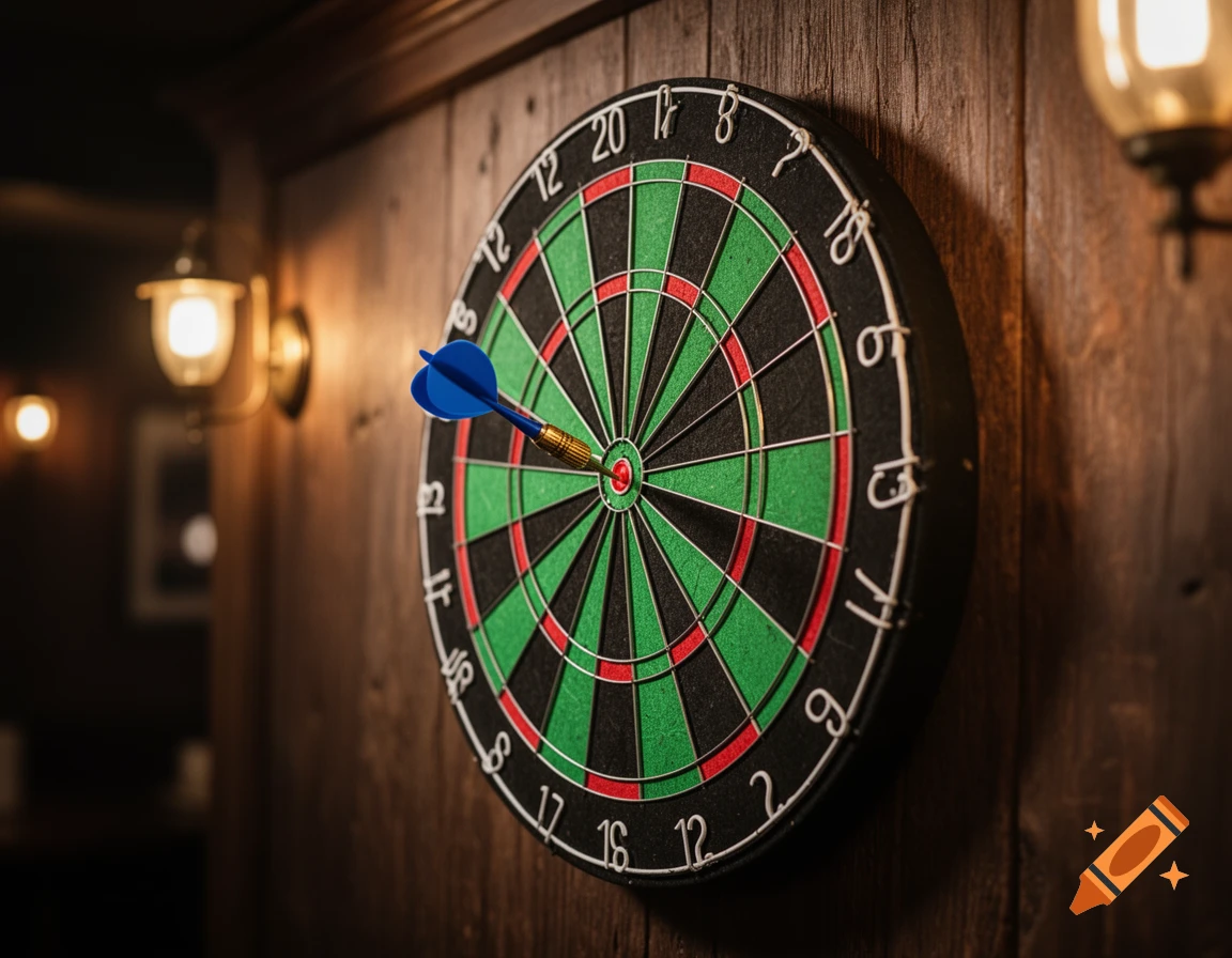 A dartboard with a blue dart in the triple 20 segment, mounted on a wooden wall with warm lighting.