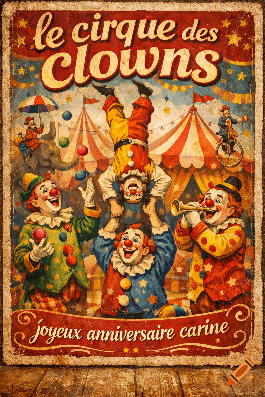 Vintage circus poster featuring cheerful clowns, circus tents, and text 'le cirque des clowns' and 'joyeux anniversaire carine'.