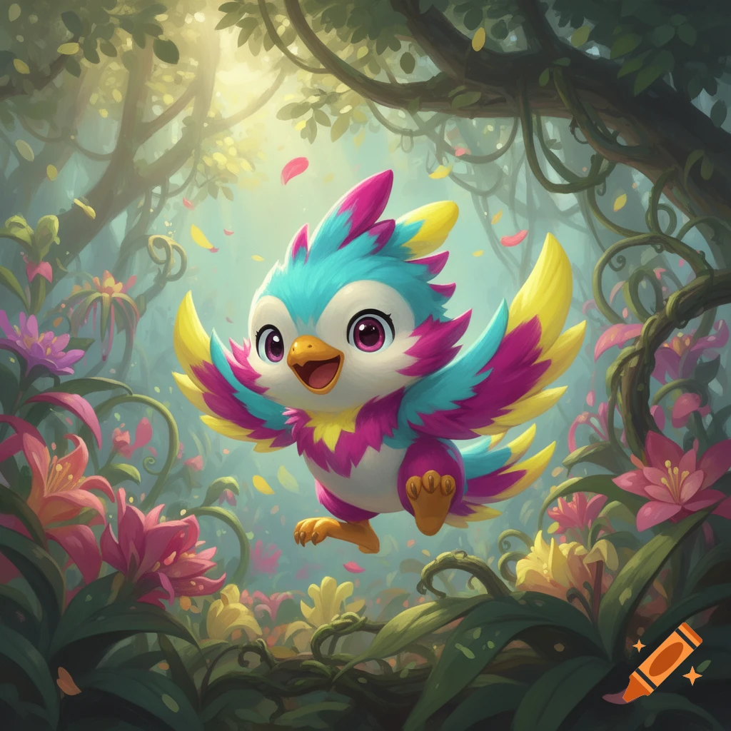 A cute, colorful cartoon bird with blue, pink, and yellow feathers smiles while flying in a vibrant, lush forest with pink and yellow flowers.