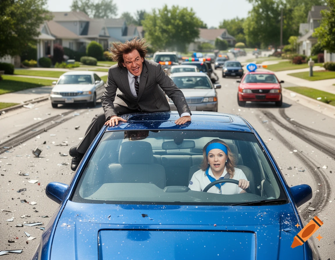 A man in a suit clings to the roof of a blue car, driven by a shocked woman, amidst shattered glass and tire marks on a suburban street.