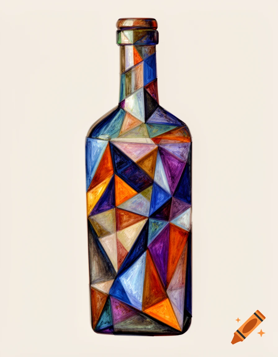 A bottle rendered in a cubist style, composed of colorful fragmented geometric shapes.