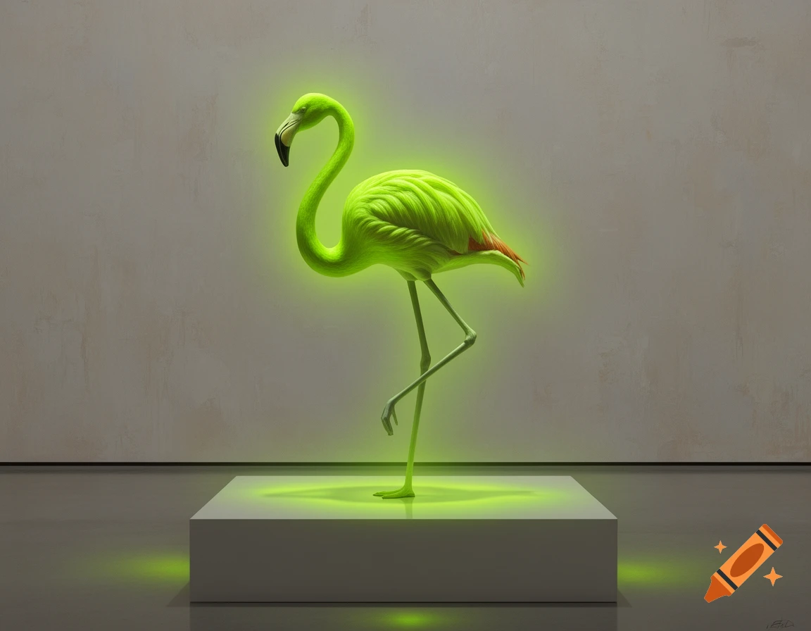 A stylized, glowing neon lime green flamingo statue stands on one leg on a white minimalist pedestal in a contemporary art gallery.