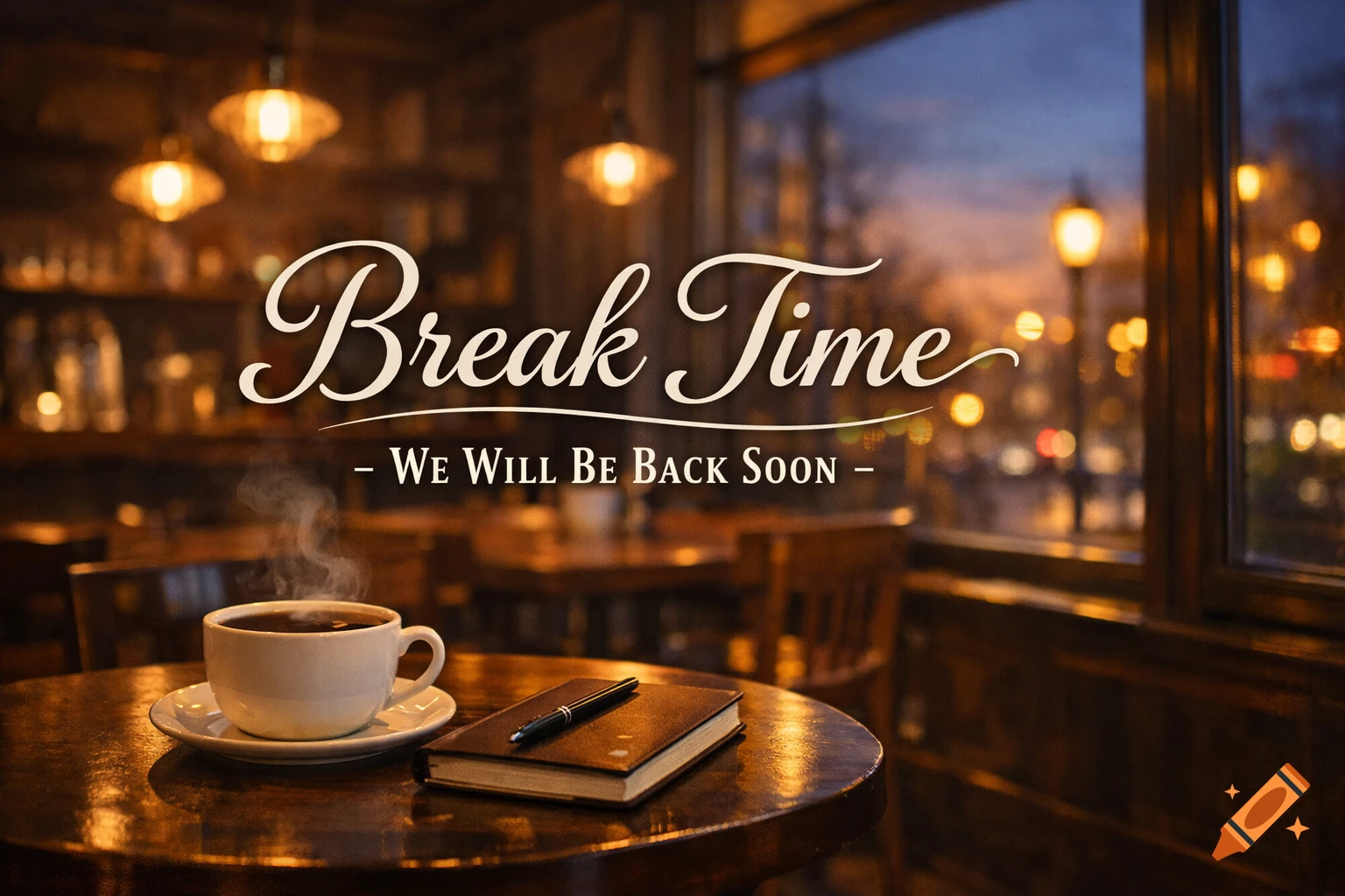 Steaming coffee cup and a notebook on a wooden table in a dimly lit, cozy cafe with "Break Time - WE WILL BE BACK SOON -" overlay and blurred streetlights outside.