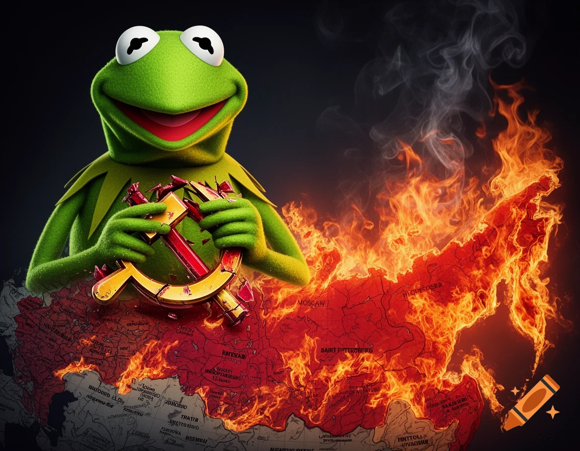 Kermit the Frog crushes a hammer and sickle symbol while standing on a burning map of Russia, photorealistic style.