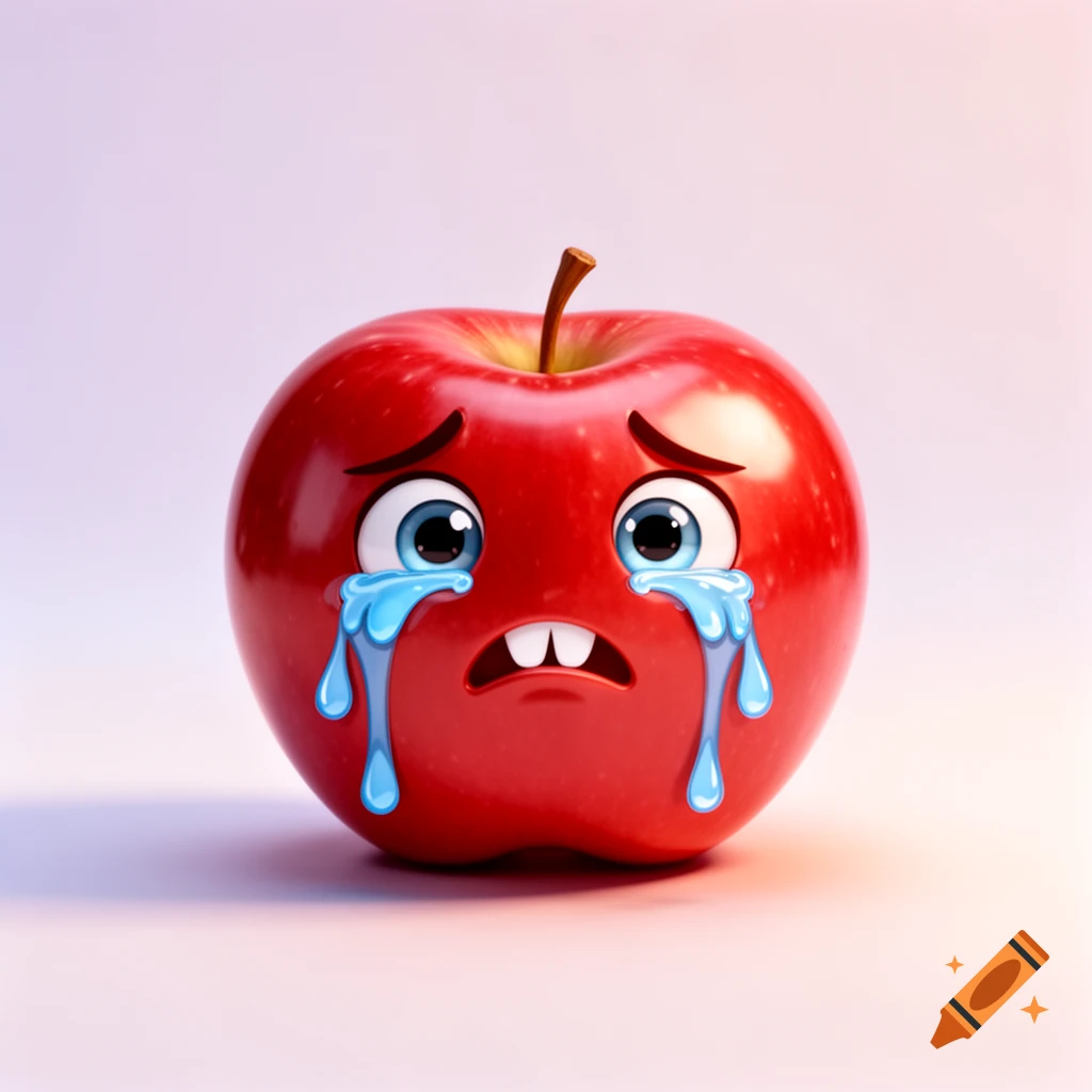 A shiny red apple with a cartoon crying emoji face, blue tears streaming down its cheeks, and two small teeth.