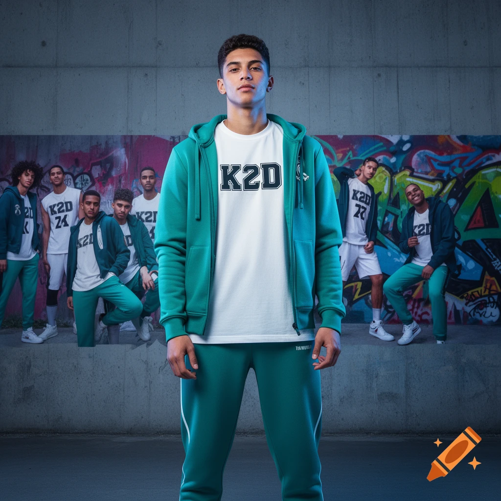 A group of young men in teal hoodies and white t-shirts with 'K2D' text, posing against a graffiti-covered concrete wall.