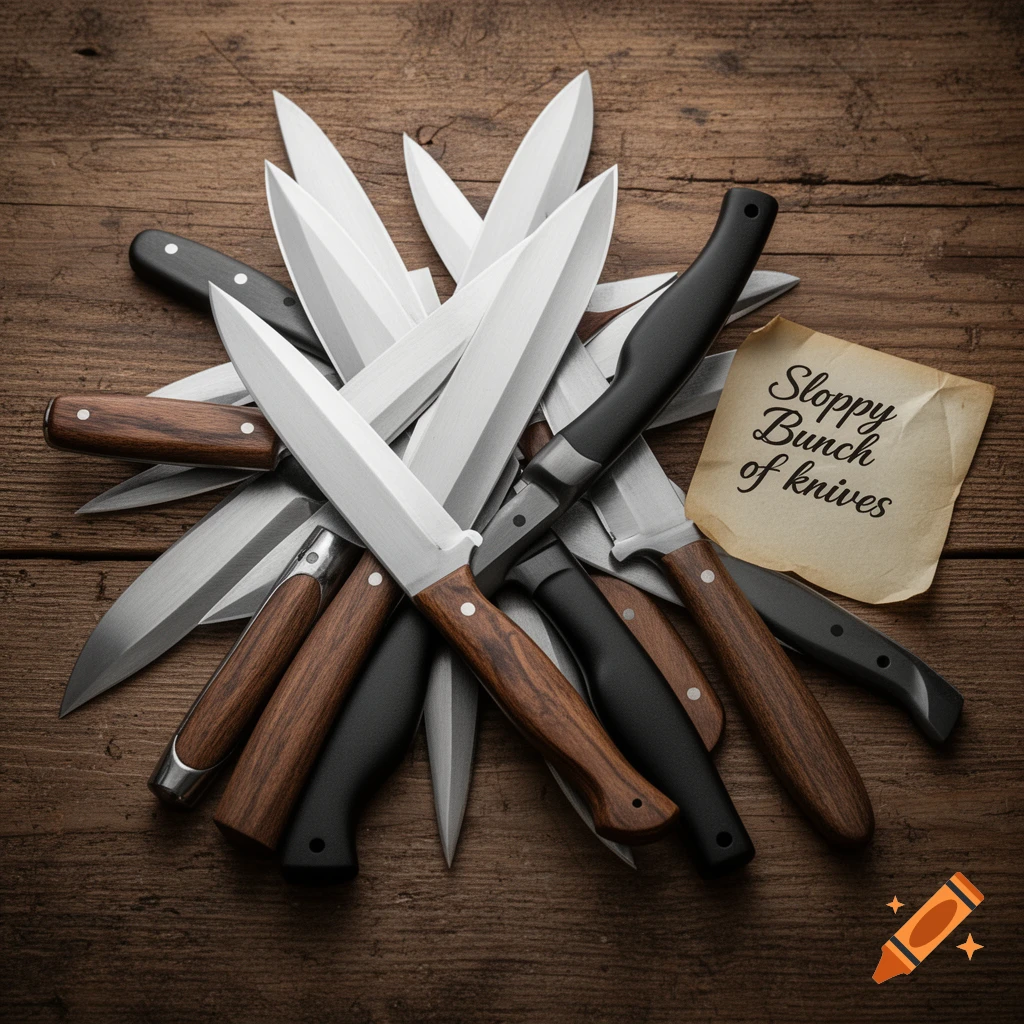 A top-down view of various kitchen knives with wooden and black handles piled sloppily on a rustic wooden table with a note.