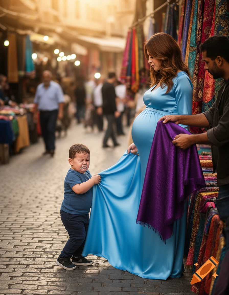 A crying toddler pulls on his very pregnant mother's light blue silk dress in a bustling, sunny market while a man shows her a purple cloth.