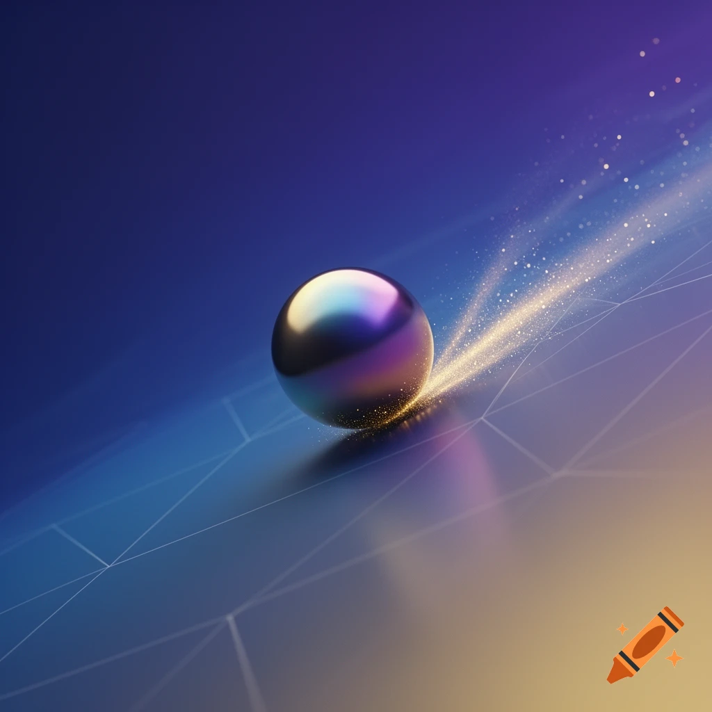 Luminous metallic sphere with purple and blue reflections on a gradient surface with geometric lines and golden sparks.