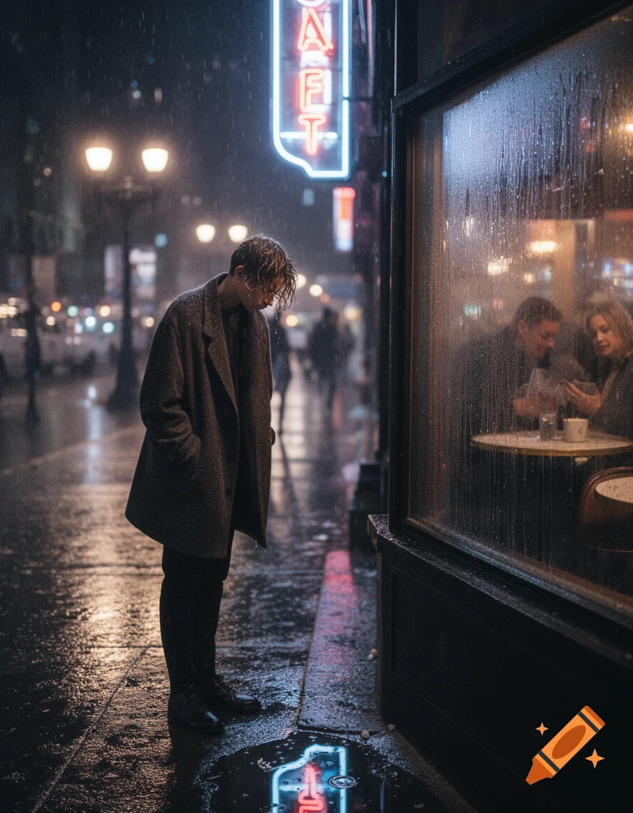 A man stands outside a cafe on a rainy city night, looking down at a puddle reflecting a neon 'CAFE' sign. Photorealistic style.