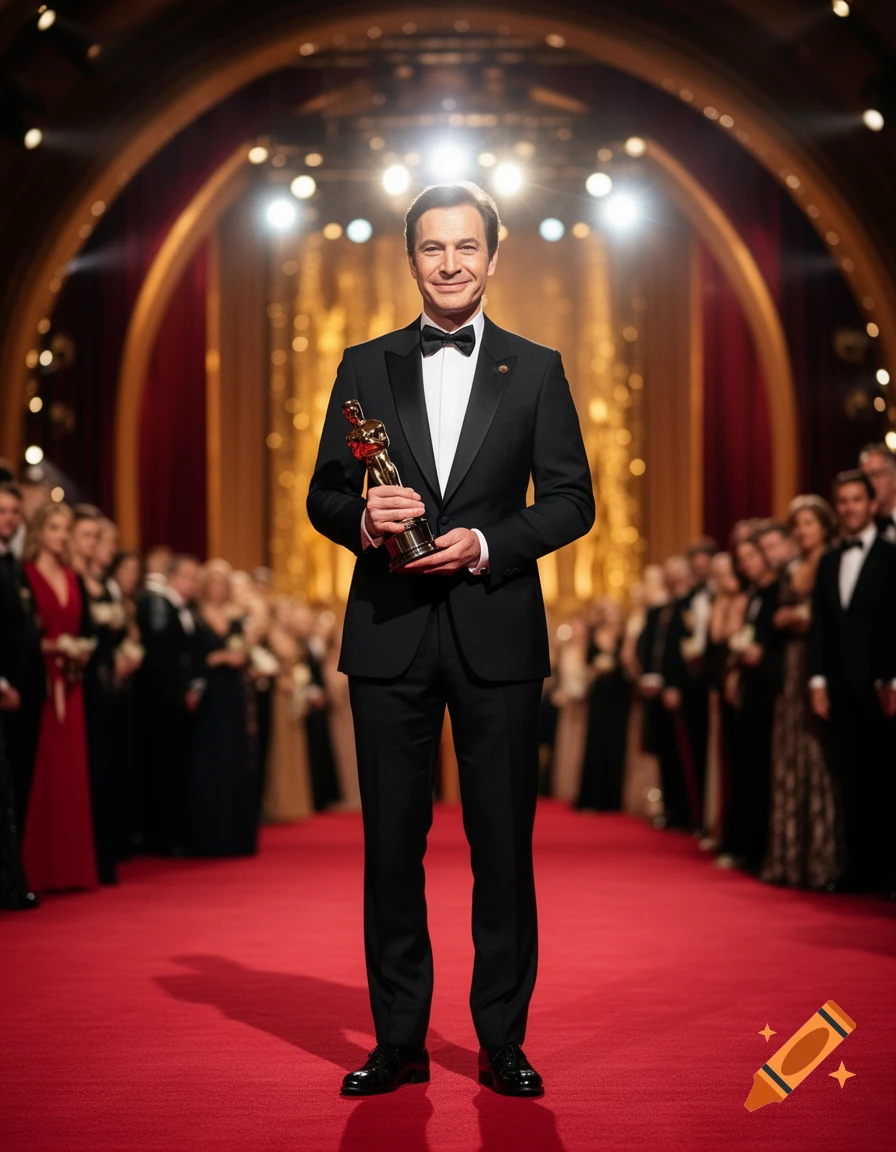 A man in a black tuxedo stands smiling on a red carpet, holding a golden Oscar award, with a blurred audience behind him.