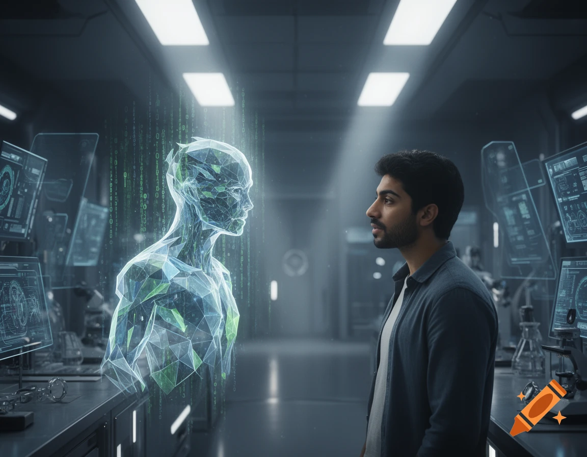 A man looks at a translucent, geometric holographic figure in a futuristic lab with digital displays and falling green code.