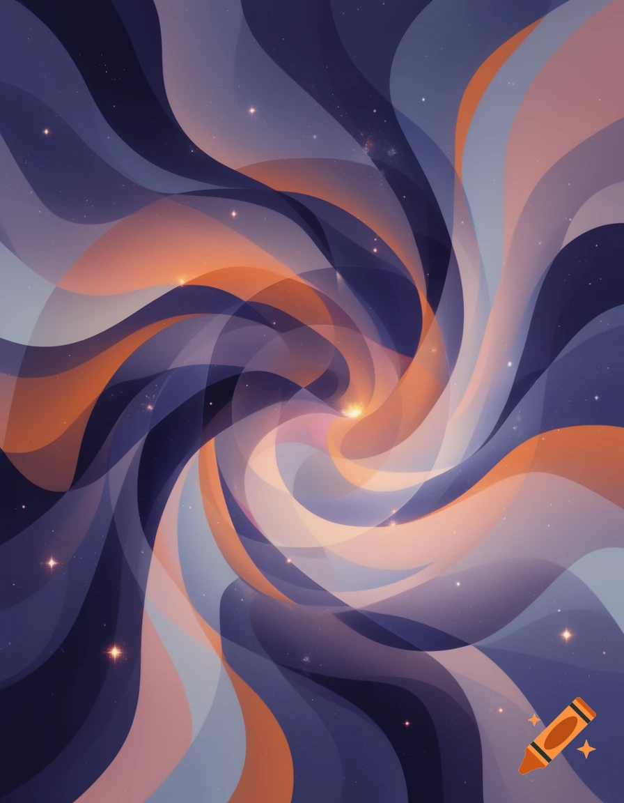 Abstract art with swirling, overlapping semi-transparent ribbons in blue, orange, and pink, with scattered stars.