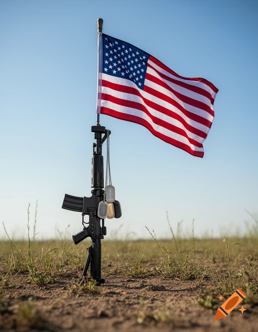 An American flag flies from an AR-15 rifle planted in the ground with hanging dog tags, in a field under a blue sky.