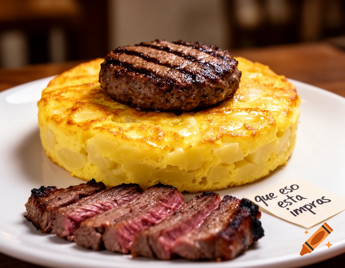 Grilled hamburger on a Spanish potato omelette with sliced steak and a note on a white plate.