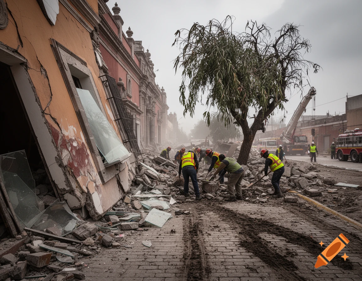 Rescue workers in safety vests clear rubble from a collapsed building on a dusty street after an earthquake.