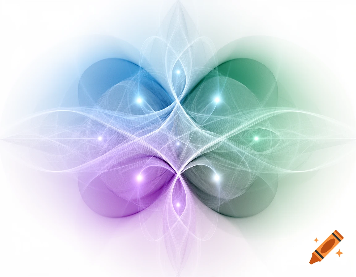 An abstract design featuring swirling white lines and glowing points, set against a backdrop of soft blue, purple, and green gradients blending into a white background.