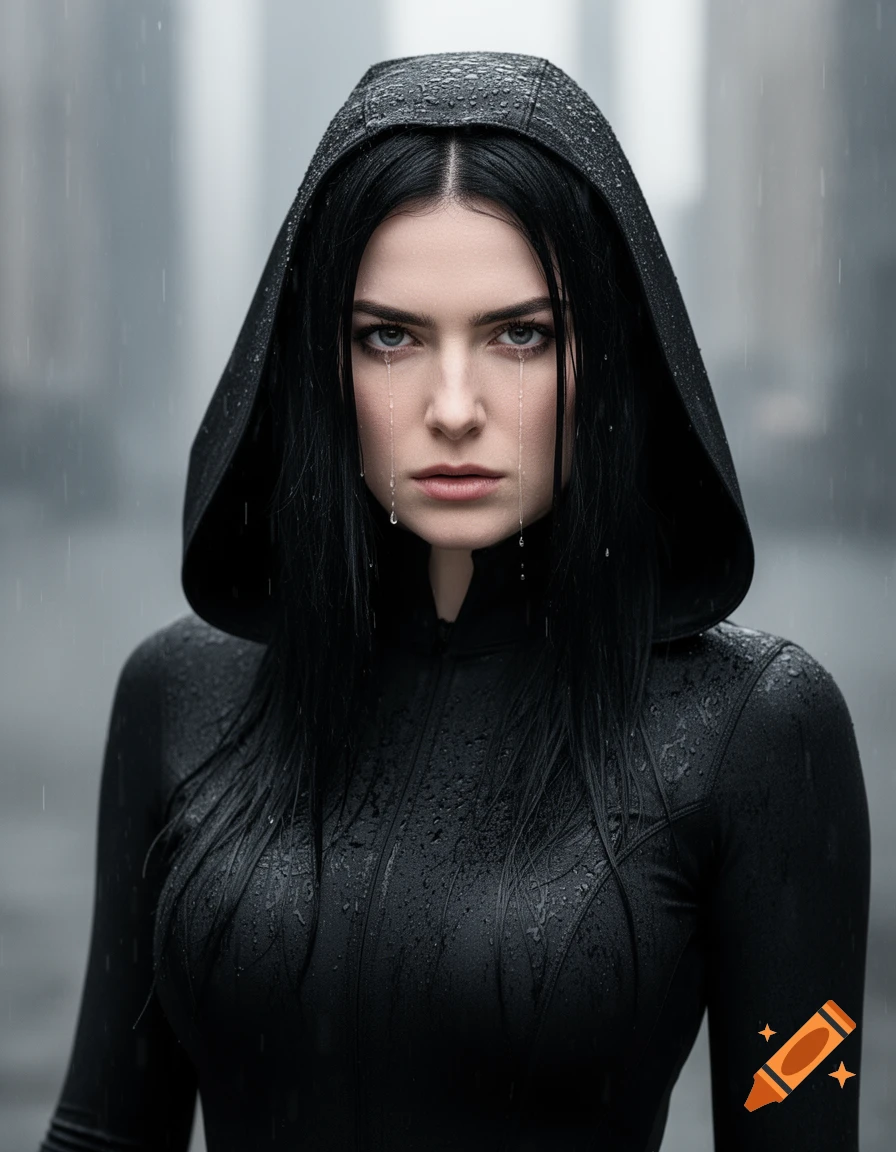 A serious woman with long black hair and a black hooded outfit stands close-up in the rain, with water droplets on her face and clothes.