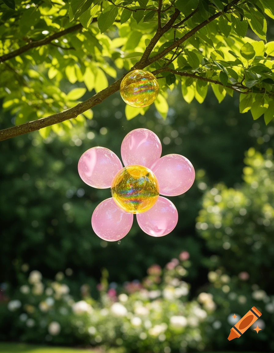 A photorealistic image of a flower made of five pink bubbles as petals and a yellow iridescent bubble as the center, floating below another yellow bubble attached to a tree branch in a sunny garden.