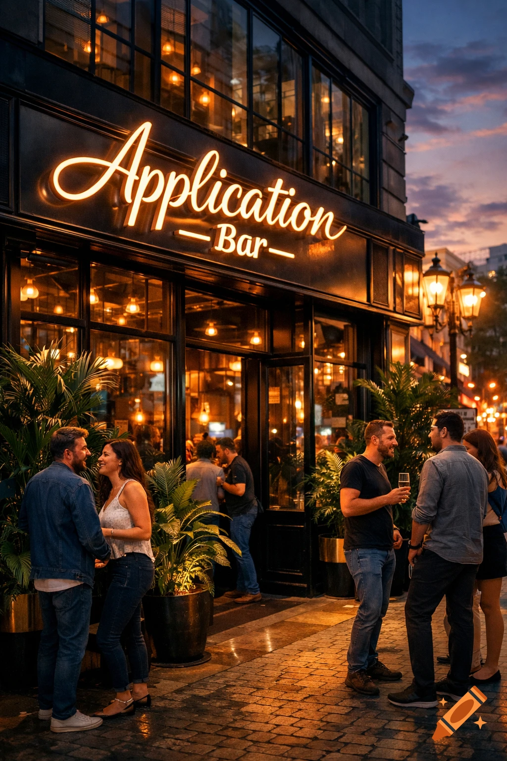A neon sign for "Application Bar" illuminates a bustling city street at dusk, with people socializing outside.