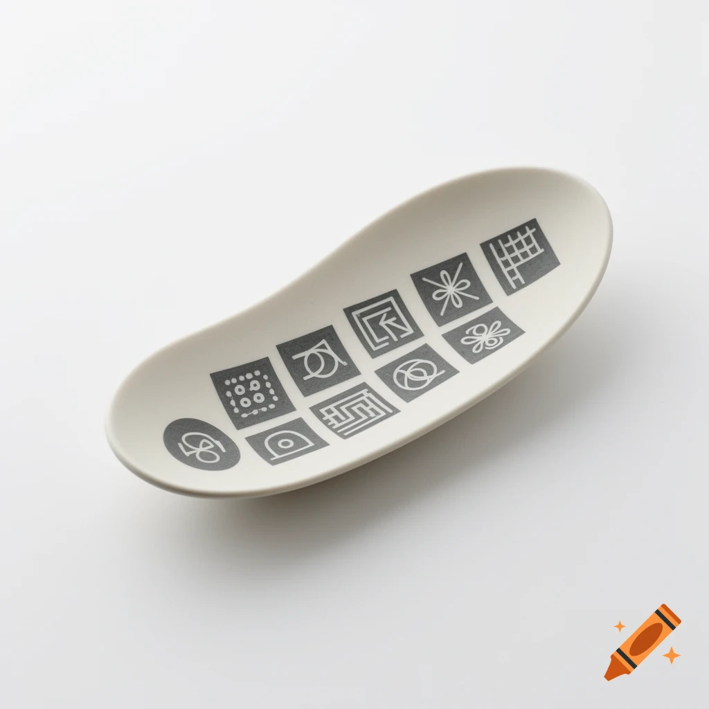 An off-white, bean-shaped spoon rest with a grid of minimalist, dark gray abstract motifs on its surface, on a white background.