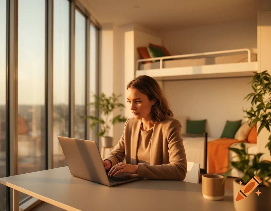 Stylish woman in a beige blazer works on a laptop in a modern studio apartment with large windows and warm afternoon light.