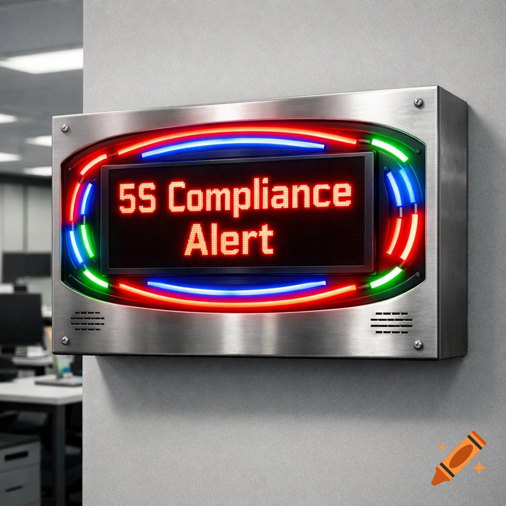 A glowing red LED sign in a brushed metal frame reads '5S Compliance Alert' in an office setting, surrounded by pulsing red, blue, and green neon lights.