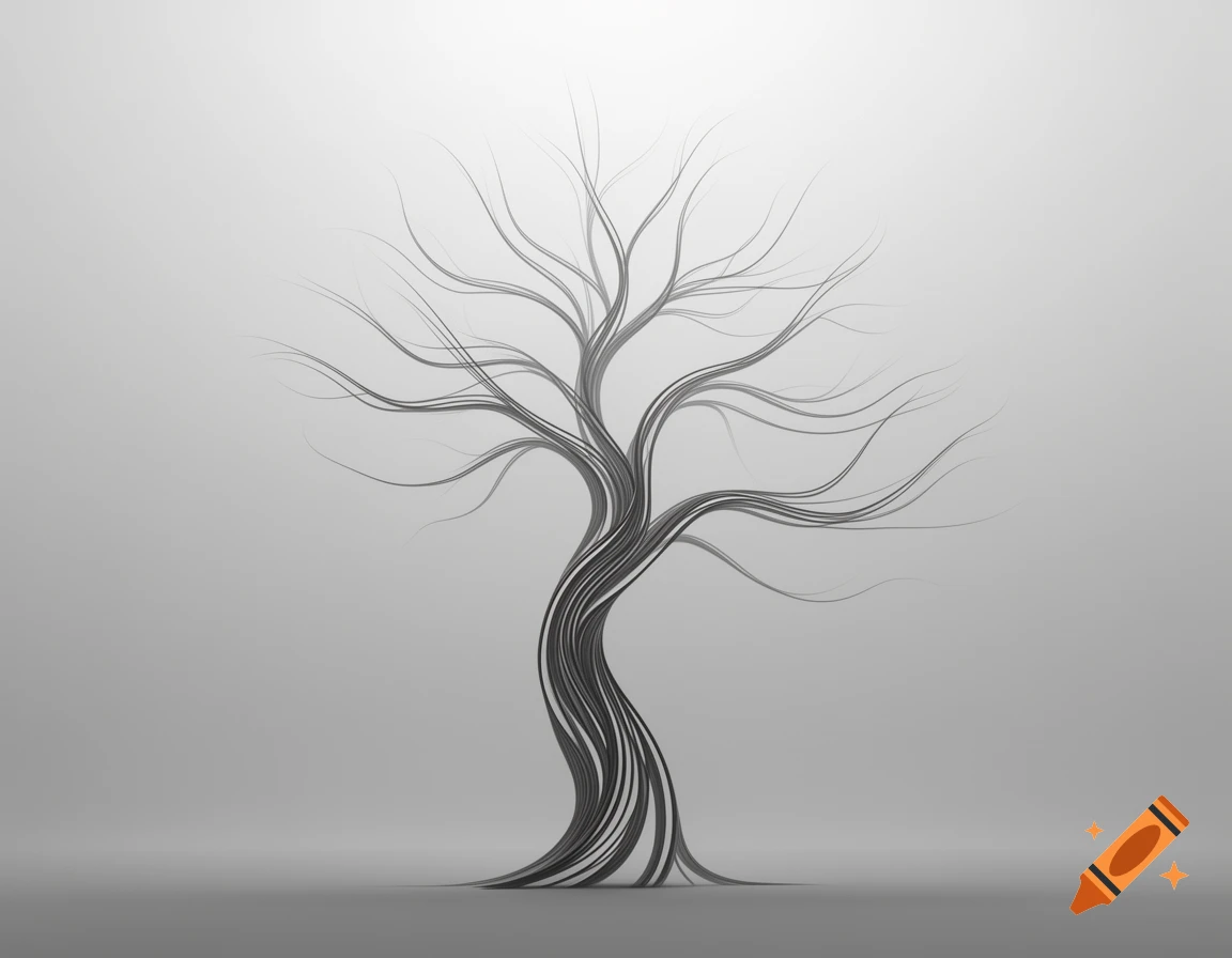 A stylized tree composed of flowing, dark lines against a light gray gradient background.