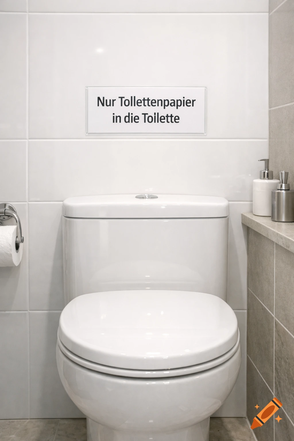 A clean white toilet in a tiled bathroom, with a sign above it reading 'Nur Toilettenpapier in die Toilette'.