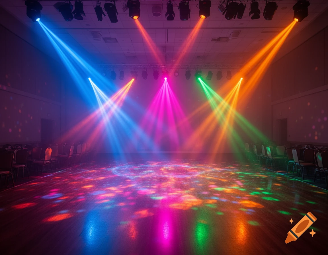 An empty event room with colorful blue, pink, green, and orange stage lights illuminating a wooden dance floor and reflecting on its surface.