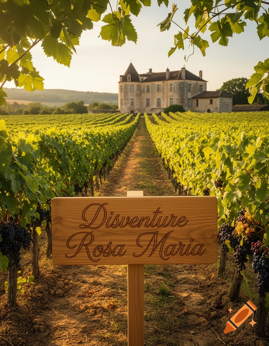 A photorealistic image of a vineyard at sunset leading to a grand château, with a wooden sign reading 'Disventure Rosa Maria' in the foreground.