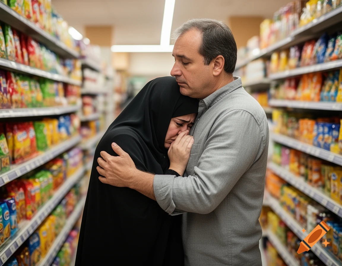 A middle-aged man comforts a woman in a black burqa who is crying into his shoulder in a supermarket aisle, photorealistic.