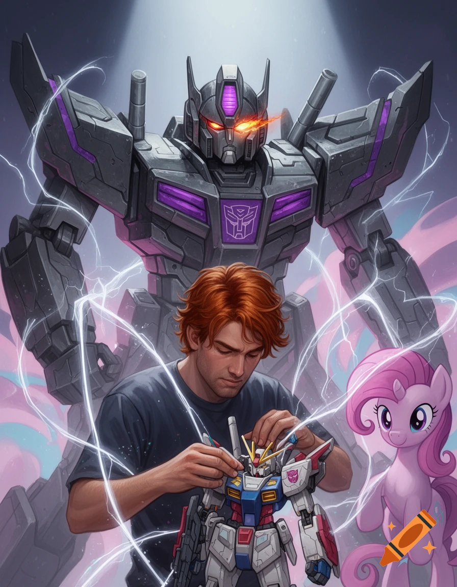 A redheaded man meticulously building a Gundam model, with a large dark gray Transformer Shockwave and a pink My Little Pony watching. Lightning effects surround them.