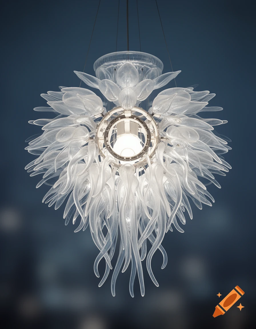 A transparent glass chandelier inspired by a jellyfish, with layered organic petal-like structures and flowing tentacles, against a blue ceiling.