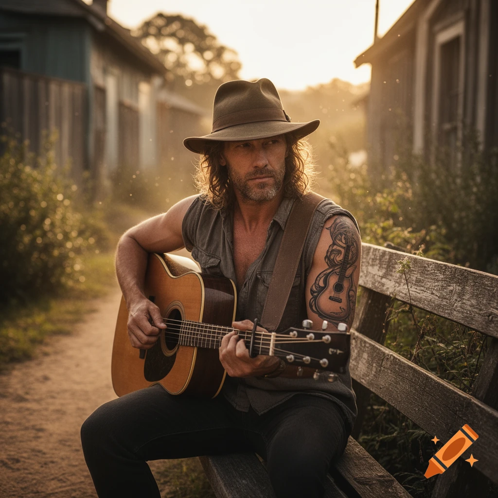 A photorealistic image of a man with long hair and a hat, sitting on a bench, playing an acoustic guitar in warm outdoor light.