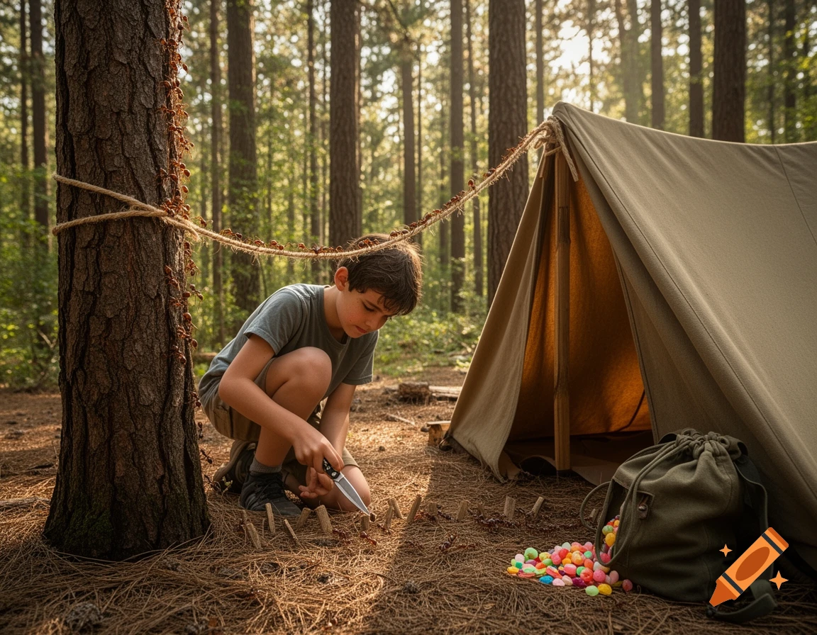 A boy in a forest crouches near a tent, carving wood as ants crawl along a rope connected to a tree and spilled candy.