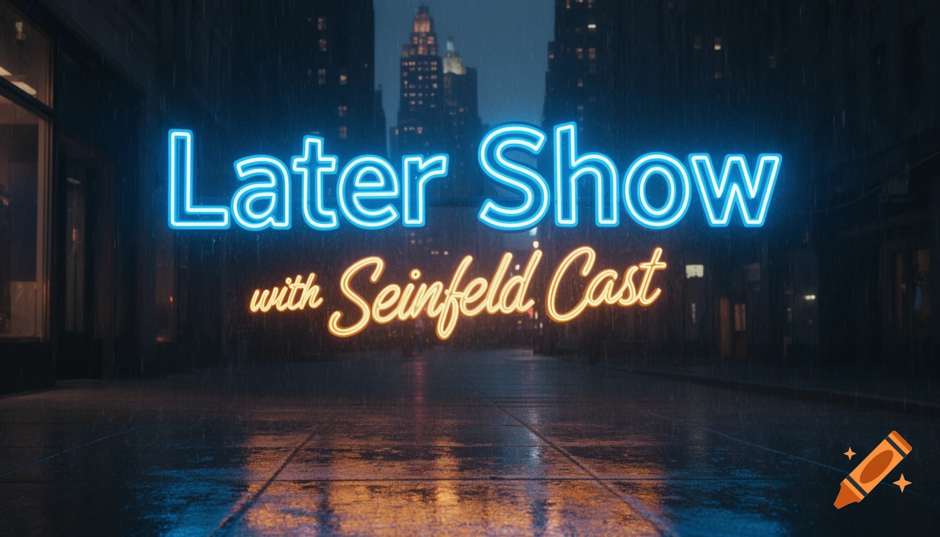 A neon sign on a rainy city street at night reads 'Later Show' in blue and 'with Seinfeld Cast' in orange.
