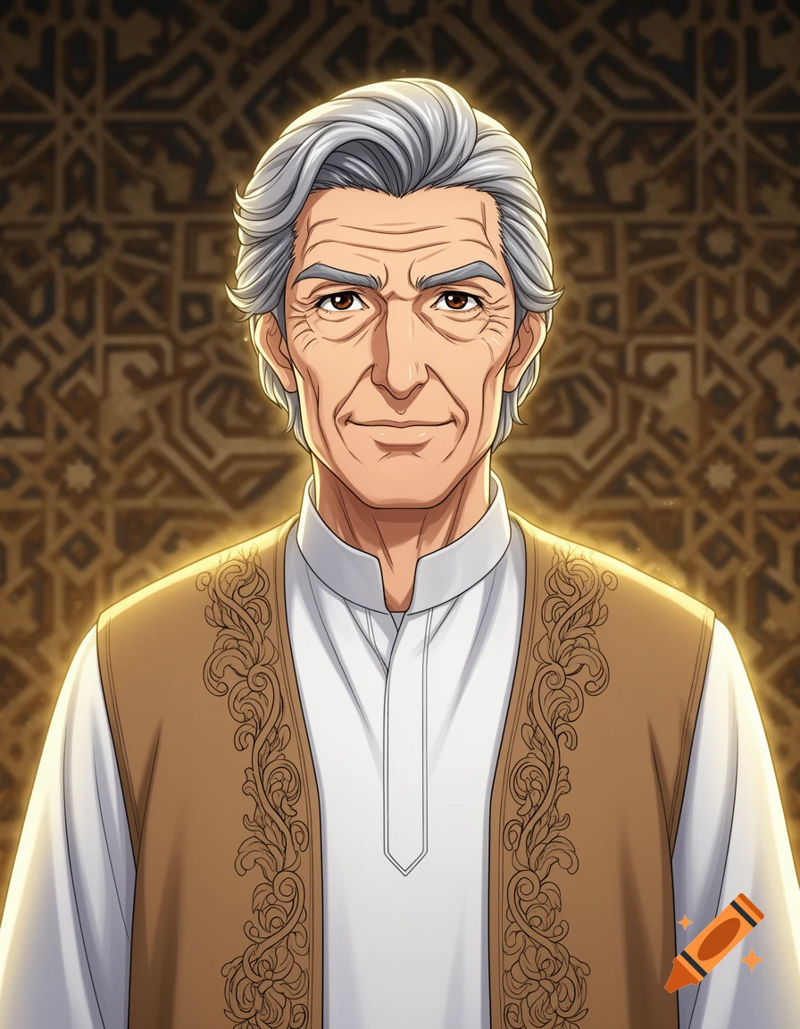 Anime-style half-body portrait of an older Arabian man with gray hair, wearing a white tunic and brown patterned vest, against a patterned background.