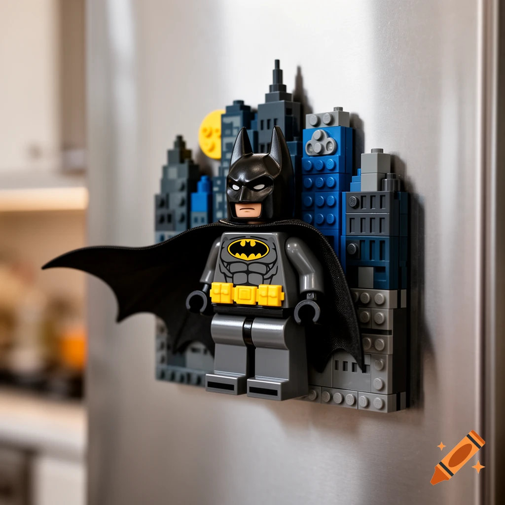 Lego Batman minifigure fridge magnet with a cityscape background on a silver refrigerator.