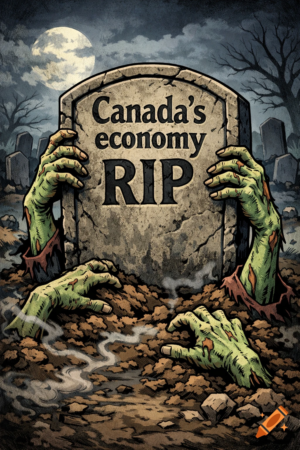 Cartoon zombie hands emerge from dirt, holding a tombstone marked 'Canada's economy RIP' in a dark graveyard under a full moon.