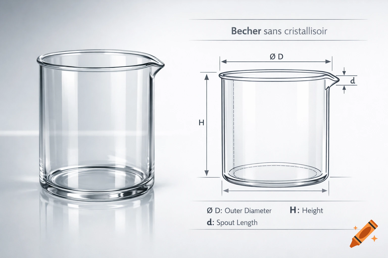 A clear glass beaker with a pouring spout, beside a technical diagram labeling its outer diameter, height, and spout length.
